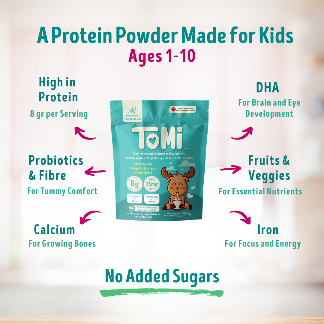 Tomi protein powder package for kids with health benefits listed on a light background