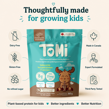 Tommi plant-based protein package for kids with features listed on a light beige background