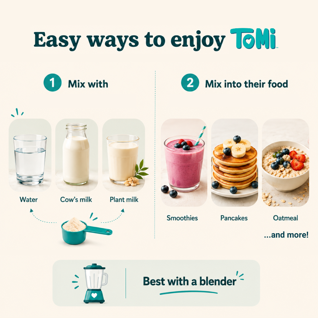 Infographic showing easy ways to enjoy 'Tomi. Add it to milk or water or mix it into kid's food