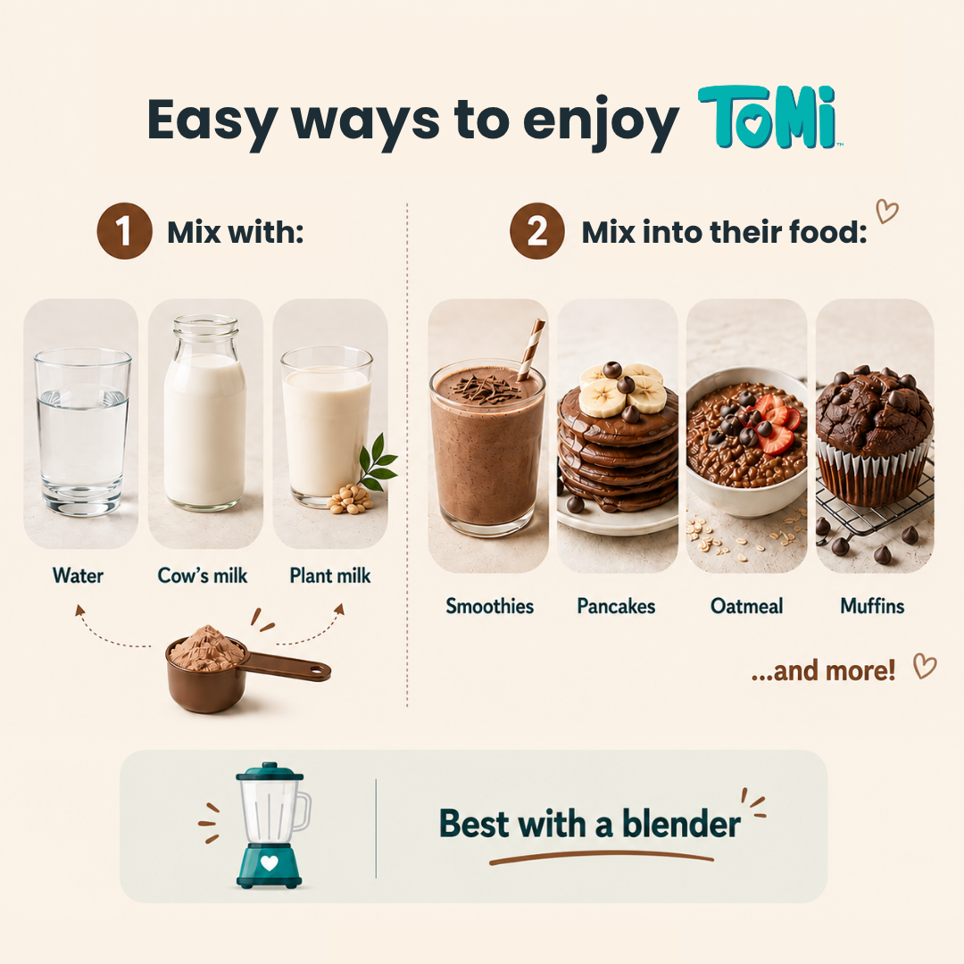 Promotional graphic for Tomi showing various ways to use it, including with water, milk, and in food.