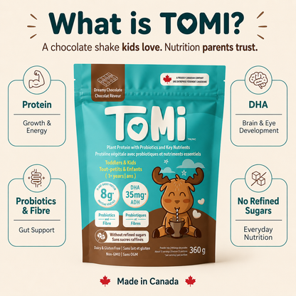Tomi chocolate shake package with nutritional information on a white background