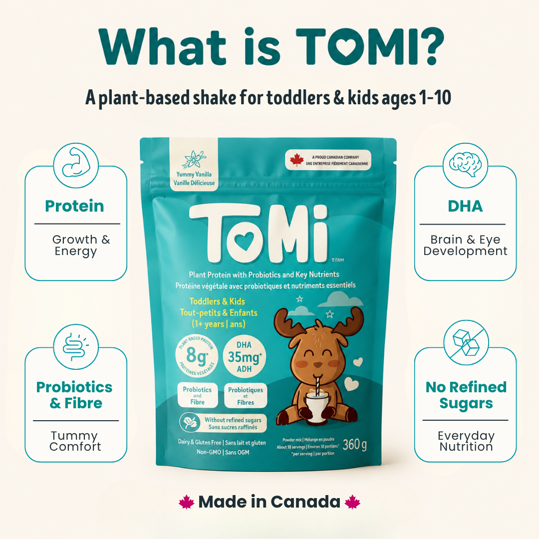 Tomi plant-based shake package for toddlers and kids with features listed on a white background