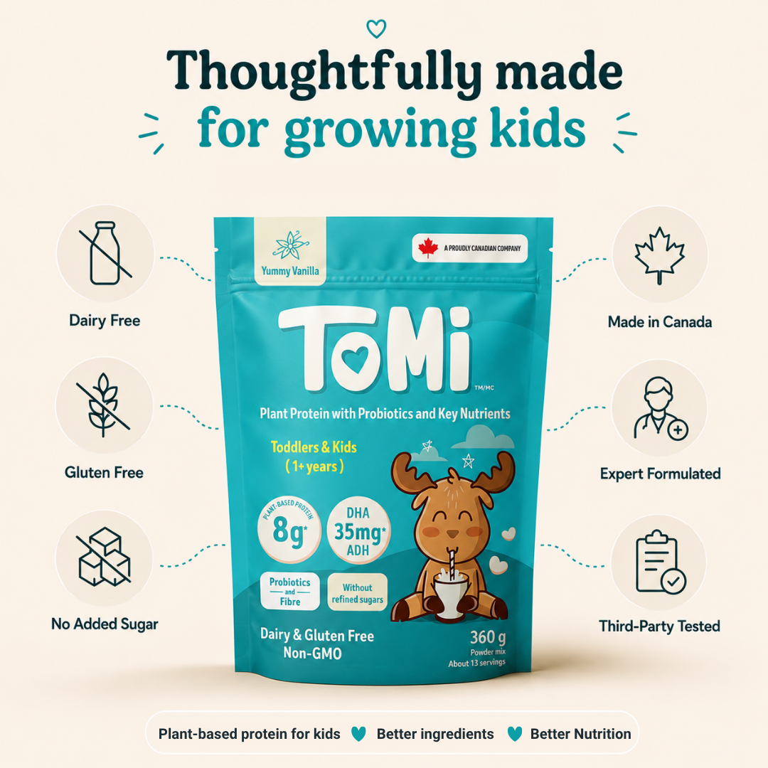 TOMI Pouch with icons dairy and gluten free, made in Canada, third-party tested