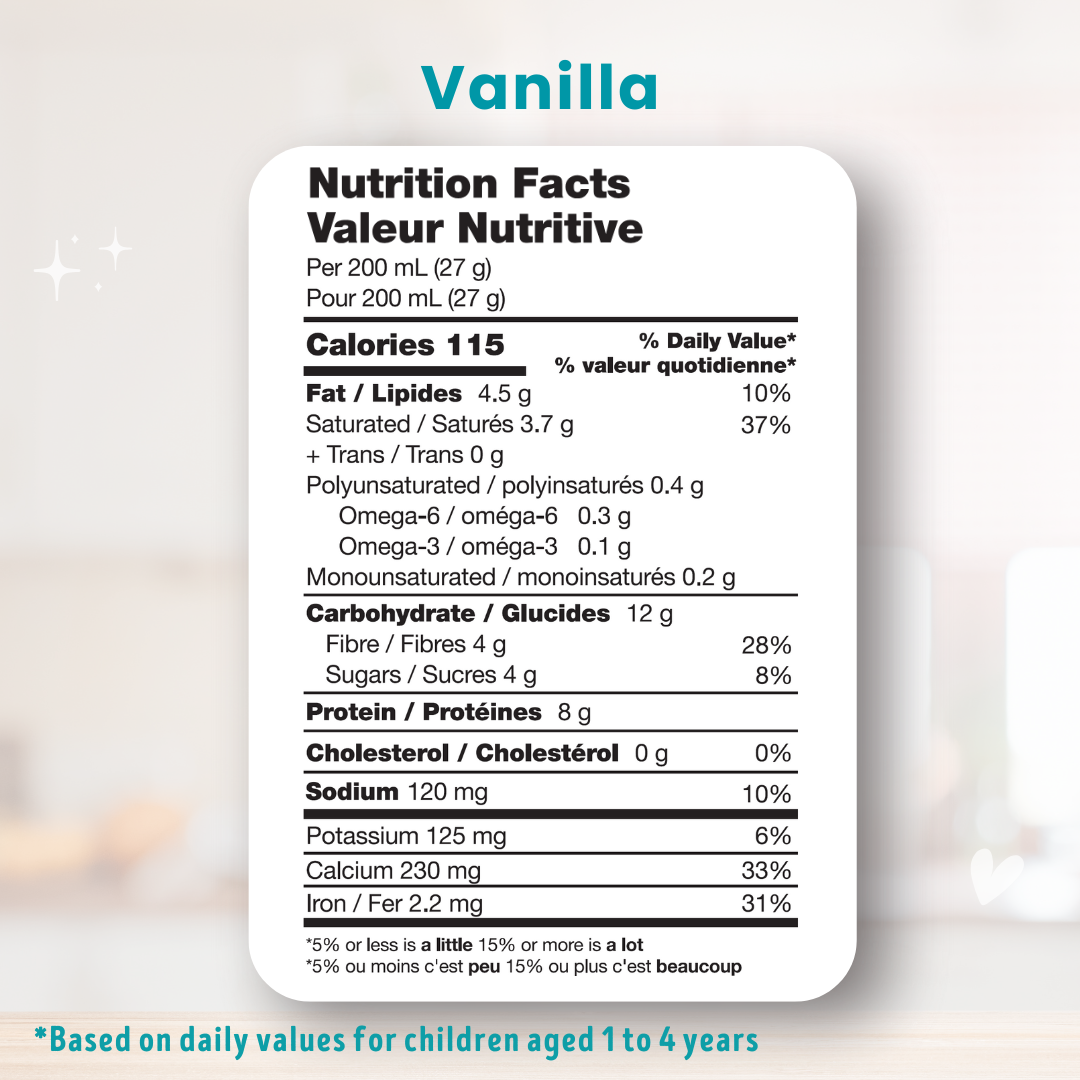 Nutrition facts label for vanilla on a white background