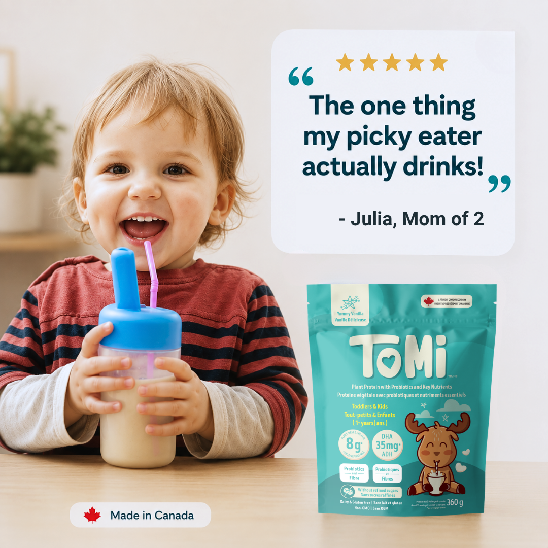 Child with a sippy cup next to a package of TOMi, with a five-star review quote from a mom.