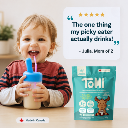 Child with a sippy cup next to a package of TOMi, with a five-star review quote from a mom.