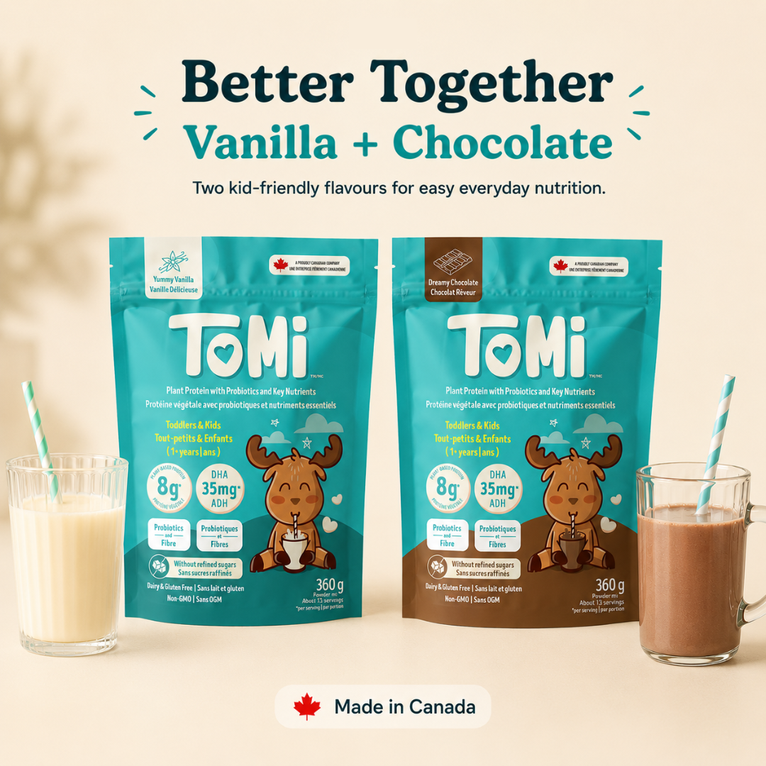 TOMI kids protein powder bundle with vanilla and chocolate flavors, plant-based nutrition drink made in Canada for toddlers and kids