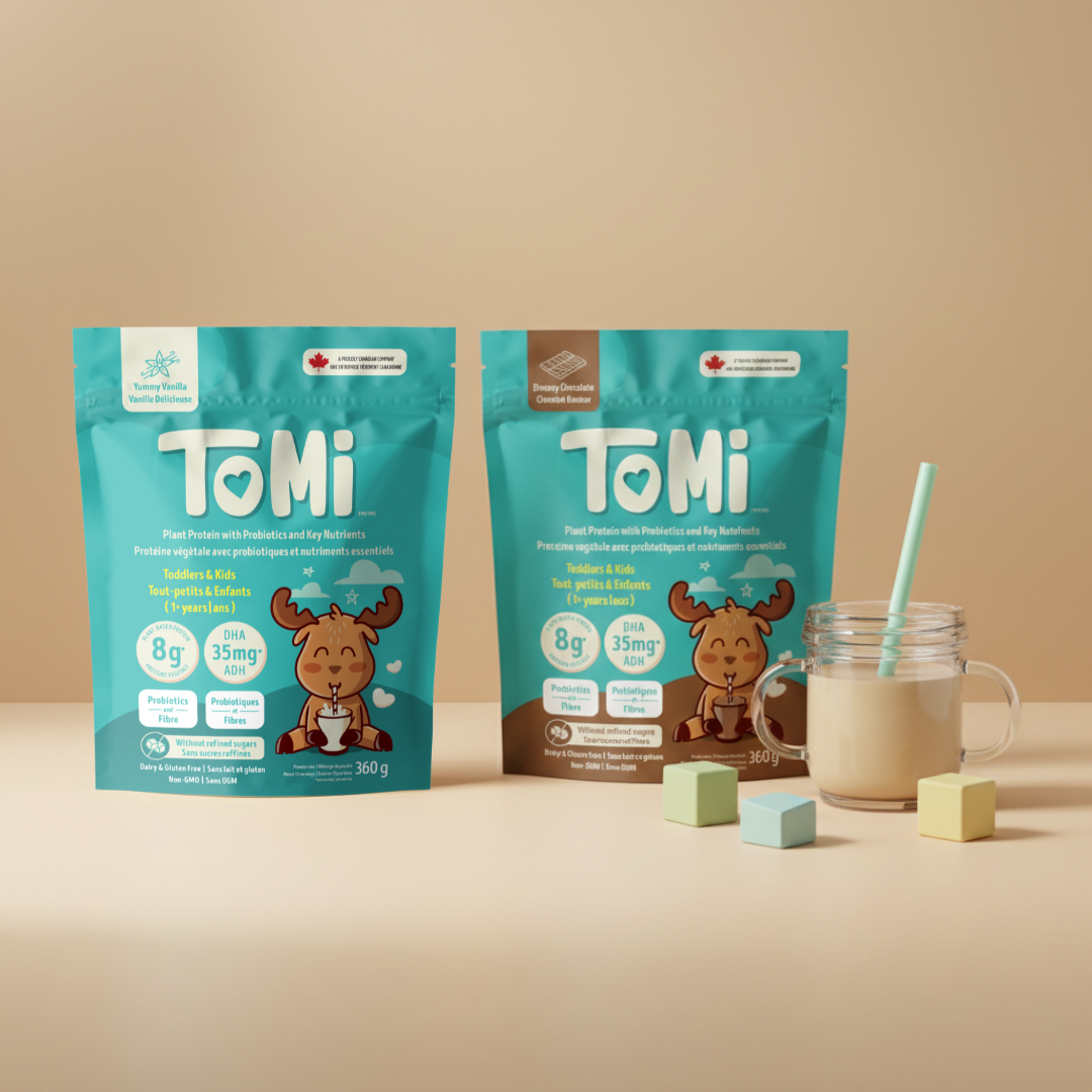 TOMI kids protein powder in vanilla and chocolate flavors with prepared drink in cup, plant-based nutrition for toddlers and kids