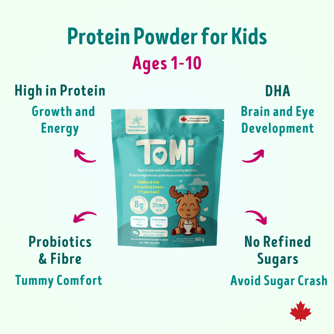 Protein powder for kids ages 1 to 10 showing key benefits including high protein, DHA for brain development, probiotics for gut health, and no refined sugars