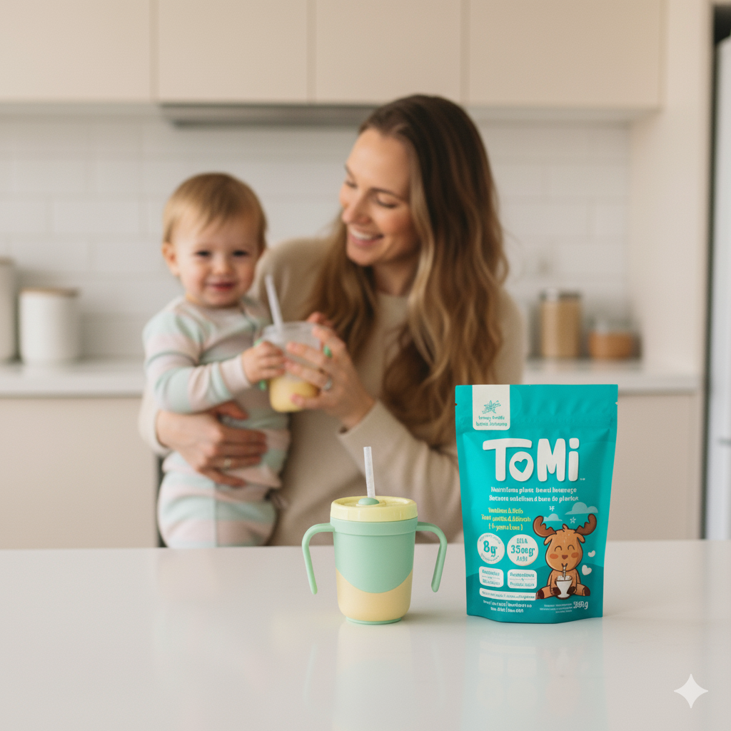 Toddler drinking a healthy protein drink from a cup with TOMI plant-based nutrition powder, mom holding baby in kitchen background